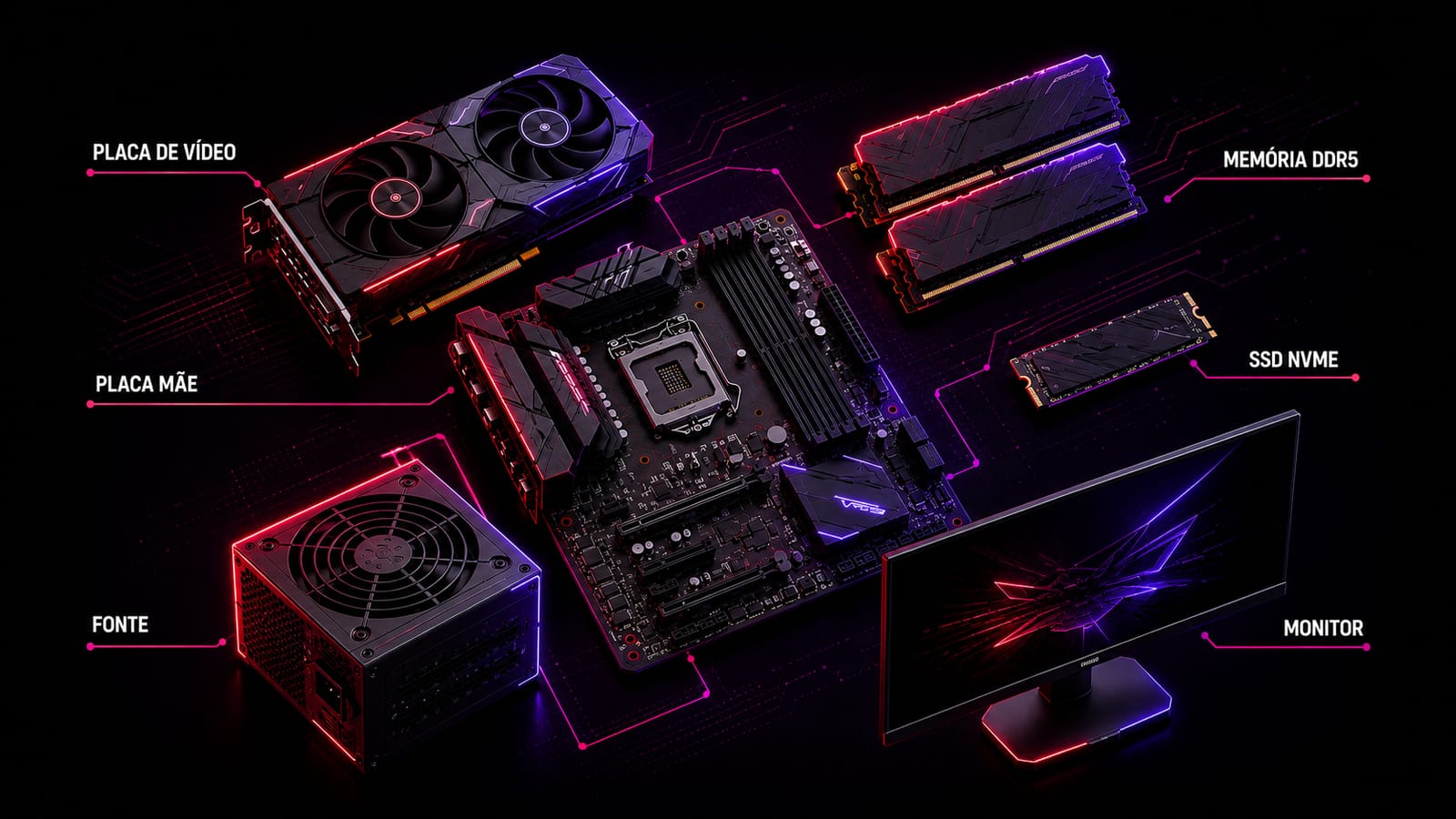 Peças de PC em promoção: placa de vídeo, memória RAM DDR4 e DDR5, SSD NVMe, fonte, placa-mãe e periféricos — LupaDeals